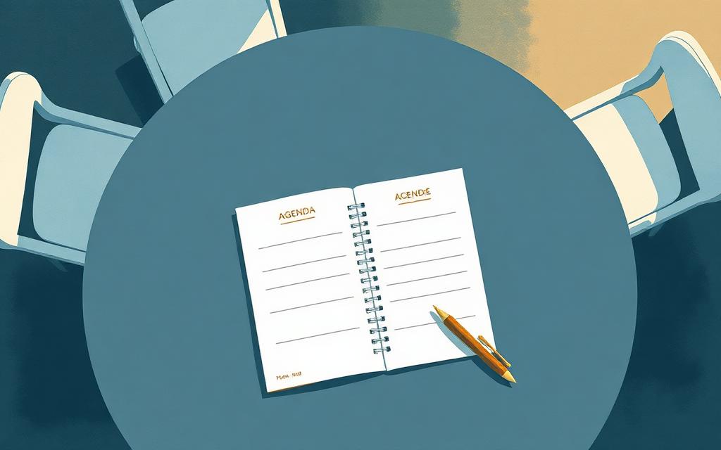 Mesa de reunião da paróquia com agenda e caneta
