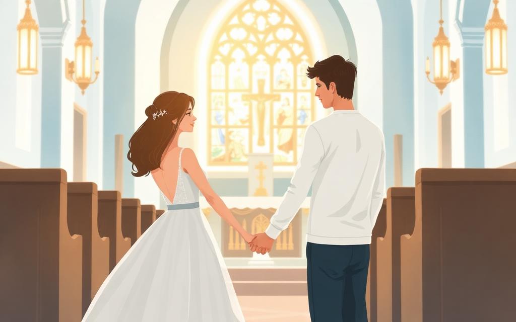 Casal de noivos de mãos dadas diante do altar